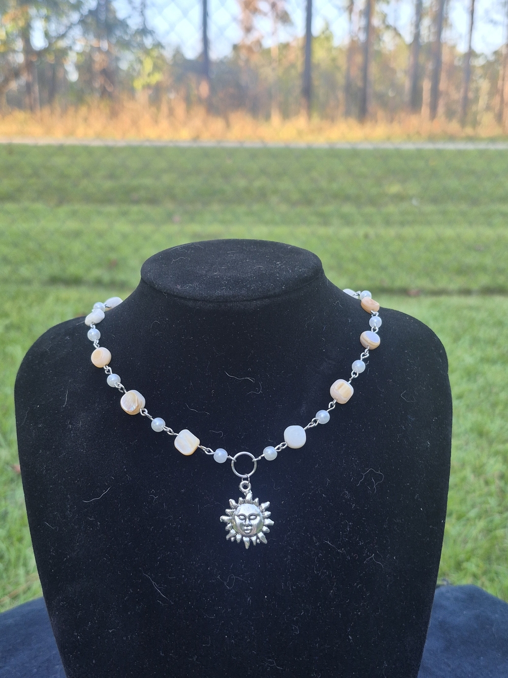 Genuine White Shell & Pearlescent Beaded Celestial Necklace W/ Sun Pendant